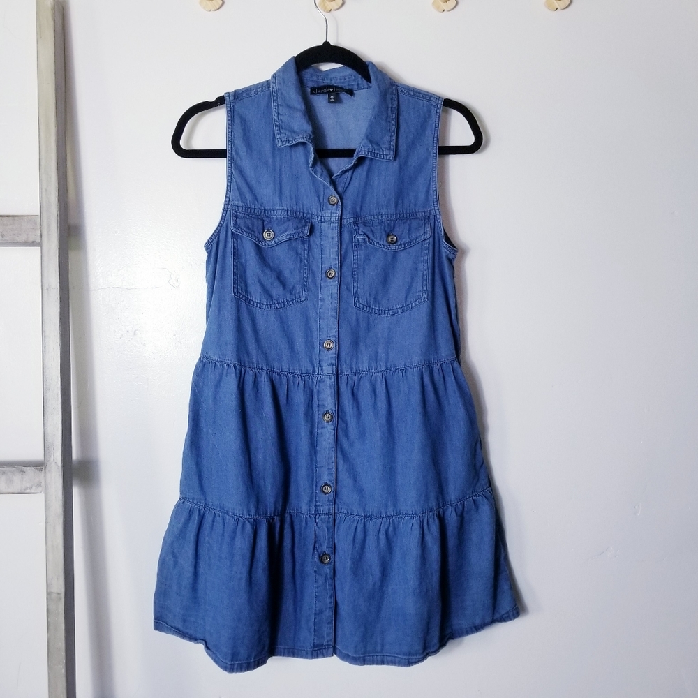 Derek Heart Sleeveless Blue Tiered Denim Shirt Dress